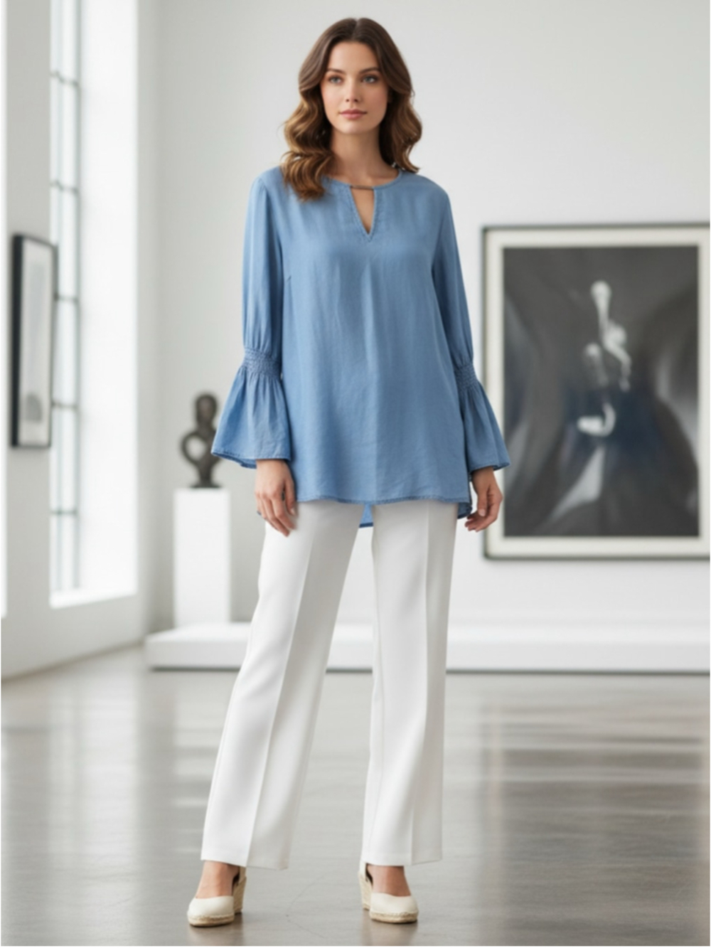 Michael Kors Chambray Bell Sleeve Lyocell Blouse Size XL